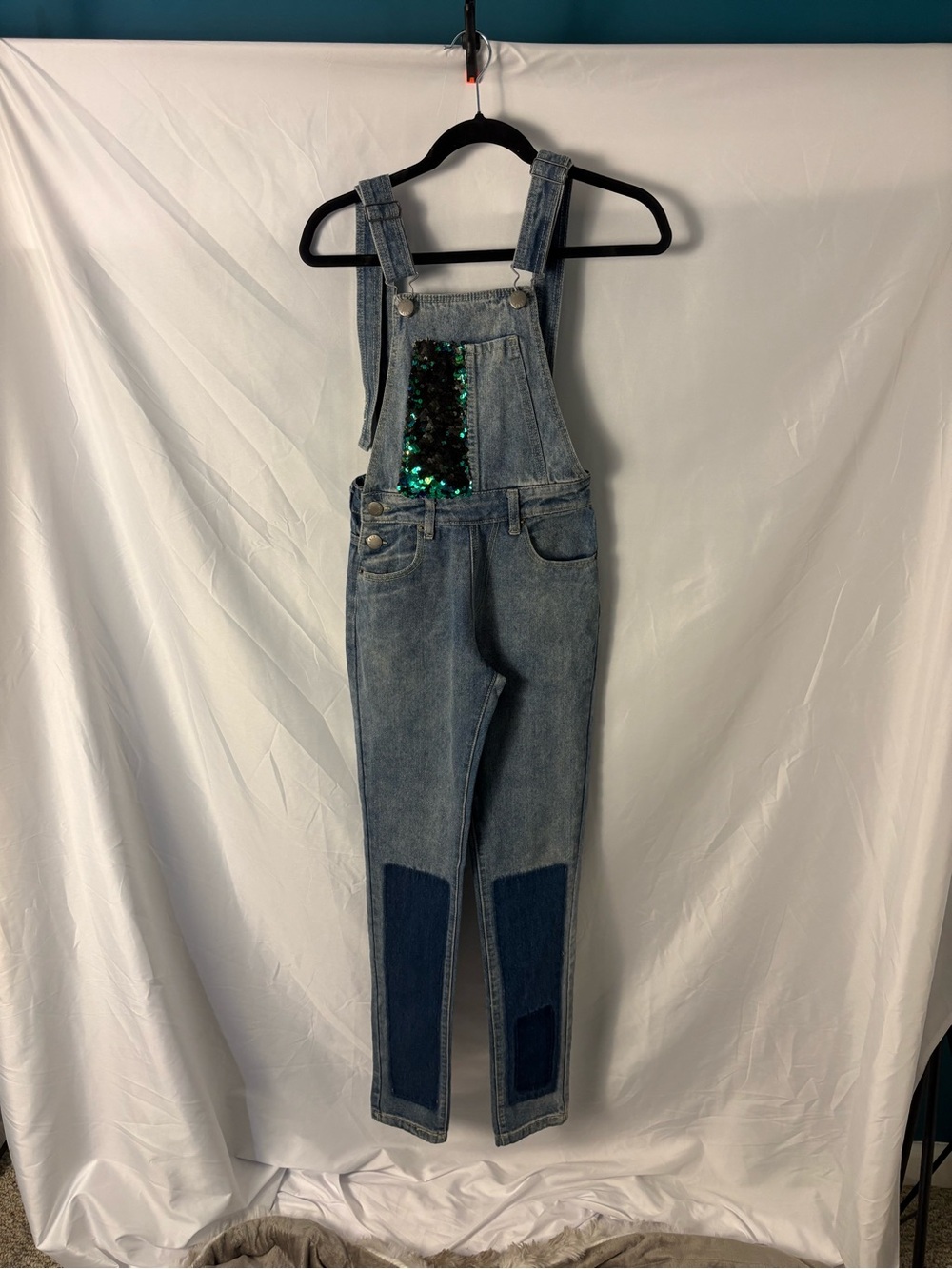 Liquor N Poker Denim Overalls with Sequin Pocket Patchwork Bottom Sz 4 TALL